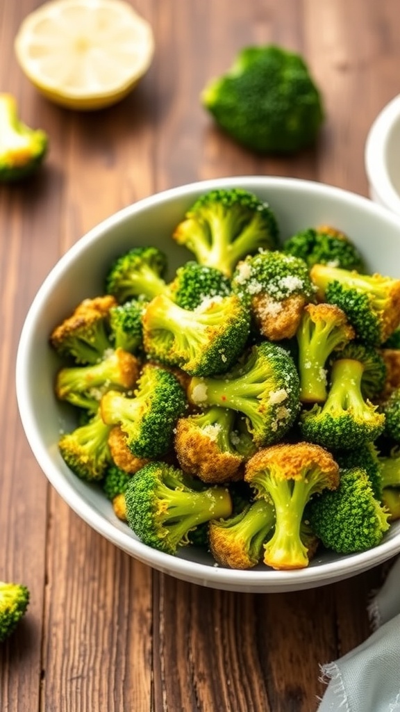 Crispy air-fried broccoli florets garnished with Parmesan cheese on a rustic wooden table.